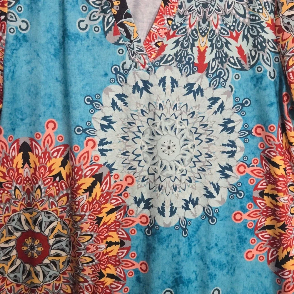Boho Blue Mandala Print V-Neck Short Sleeve Pocket T-Shirt Dress Medium Resort